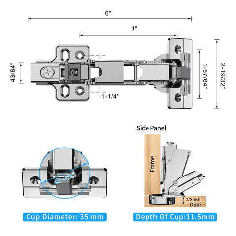 Diagram of 2 Pack Frameless Full Overlay 175 Degree Soft Close Lazy Susan Hinges with measurements and side view panel illustration.