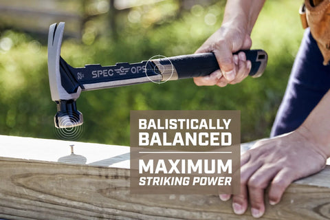 Framing Hammer 22 Oz Rip Claw Smooth Face With Shock Absorbing Grip Ballistically Balanced For Framing Demolition And Nail Setting On Tough Job Sites Plus Three Percent Donated To Veterans being used to drive a nail into wood.