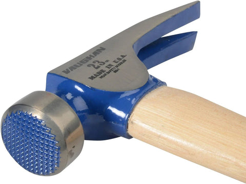 Framing hammer with a 23 oz milled head and nail starter grips nails flush and delivers controlled, heavy blows for wood framing