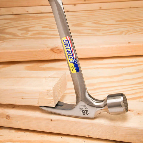 Framing Hammer 28 Oz Long Handle Straight Rip Claw With Milled Face And Shock Reduction Grip For Superior Leverage, Reduced Hand Fatigue, Precise Striking Power On Framing And Heavy Duty Carpentry, USA Made One Piece Forged Steel Construction E3 28SM