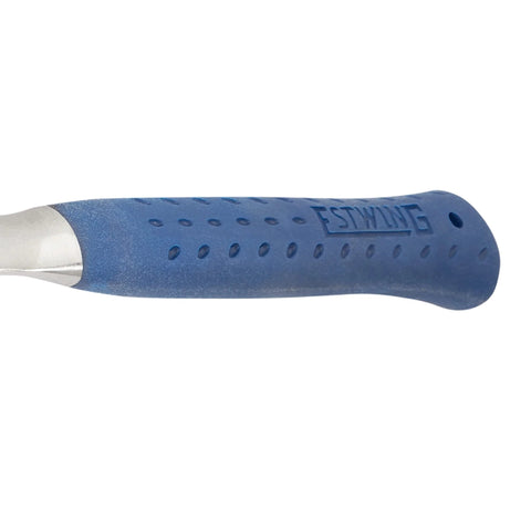Framing Hammer 28 Oz Long Handle Straight Rip Claw With Milled Face And Shock Reduction Grip, close-up view of blue grip