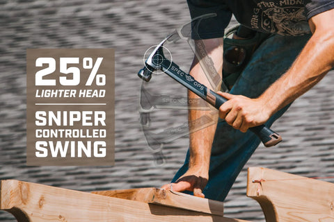 Person using Framing Hammer 22 Oz Rip Claw Smooth Face With Shock Absorbing Grip Ballistically Balanced for framing work.