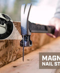 Framing Hammer 22 Oz Rip Claw Smooth Face With Shock Absorbing Grip Ballistically Balanced For Framing Demolition And Nail Setting On Tough Job Sites Plus Three Percent Donated To Veterans in use with magnetic nail starter on wooden surface