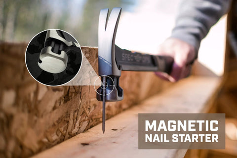 Framing Hammer 22 Oz Rip Claw Smooth Face With Shock Absorbing Grip Ballistically Balanced For Framing Demolition And Nail Setting On Tough Job Sites Plus Three Percent Donated To Veterans in use with magnetic nail starter on wooden surface