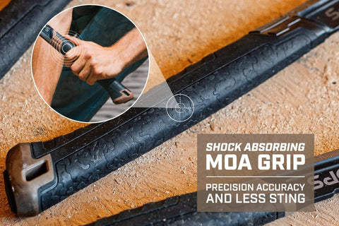 Close-up of Framing Hammer 22 Oz Rip Claw Smooth Face With Shock Absorbing Grip Ballistically Balanced handle and grip feature