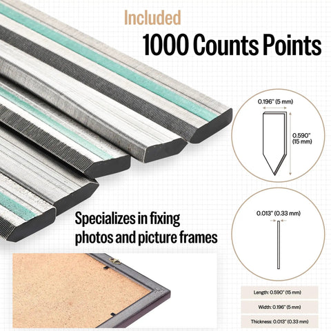 Close-up of 1000 flexible nails for Point Driver HM515 Manual Framing Tool With 1000 Flexible Nails For Picture Frames And DIY Crafts