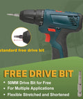 Cordless drill with a standard 50mm free drive bit, shown alongside details of its flexible and multi-purpose use.