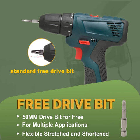 Cordless drill with a standard 50mm free drive bit, shown alongside details of its flexible and multi-purpose use.