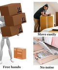 Illustration of a mannequin carrying boxes and people moving furniture with Self-Adhesive Mini Swivel Caster Wheels, 16-Piece Set.