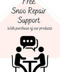 Illustration promoting Free Snoo Repair Support with purchase, featuring two figures at a table with a speech bubble icon.