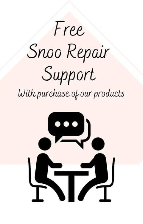 Illustration promoting Free Snoo Repair Support with purchase, featuring two figures at a table with a speech bubble icon.