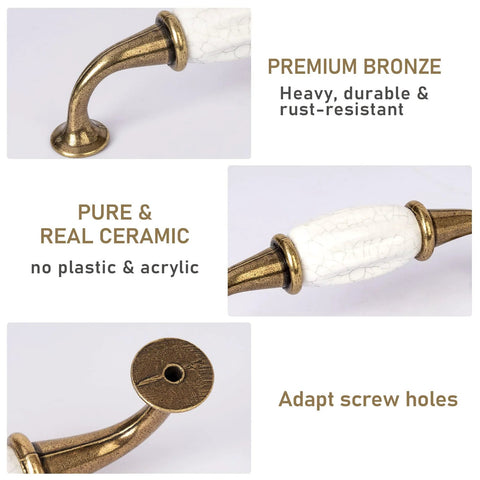 Close-up of French Style White Ceramic Cabinet Handle Set Of 2 With Zinc Alloy Pulls highlighting bronze base and ceramic finish.