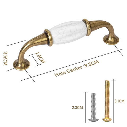 French Style White Ceramic Cabinet Handle Set Of 2 With Zinc Alloy Pulls And Screws for Cupboards Wardrobe Drawers Dresser 3.7 in spacing
