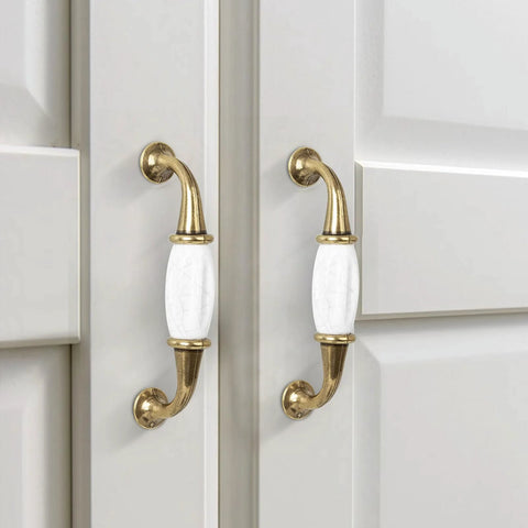 French Style White Ceramic Cabinet Handle Set Of 2 With Zinc Alloy Pulls And Screws On Cabinet Door