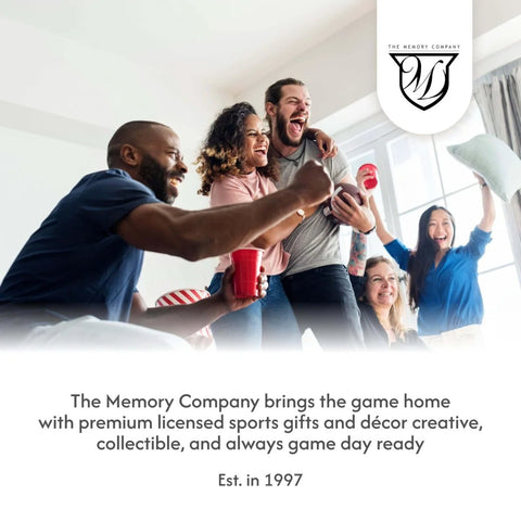 Group of friends celebrating game day with The Memory Company's premium licensed sports gifts and creative decor, established in 1997.