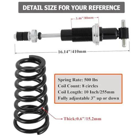 Adjustable front coilover shocks with 500 lb springs deliver improved handling and ride comfort for classic builds, details shown