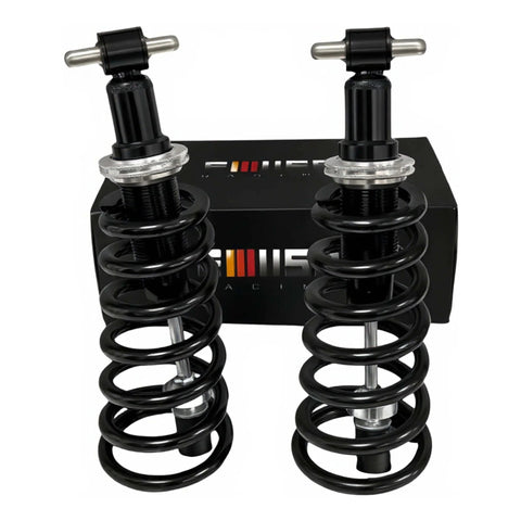Adjustable front coilover shocks with 500 lb springs deliver improved handling and ride comfort for classic A-Body 73-77 and G-Body 82-88 builds, built from hardened steel for lasting durability and performance.