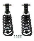 Adjustable front coilover shocks with 500 lb springs deliver improved handling and ride comfort for classic A-Body 73-77 and G-Body 82-88 builds, built from hardened steel for lasting durability and performance, front view of shock absorbers.