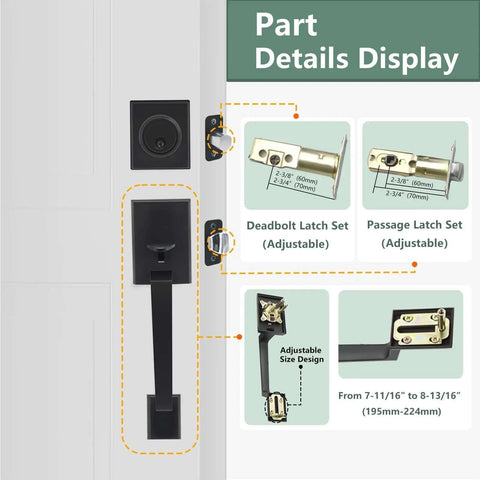 Diagram showing All In One Front Door Lock Set With Black Zinc Alloy Handleset, deadbolt, and passage latch set details for easy install.