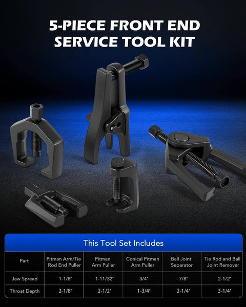 5-in-1 Ball Joint Separator, Pitman Arm Puller, Tie Rod End Tool Set for Front End Service, Splitter Removal Kit displayed
