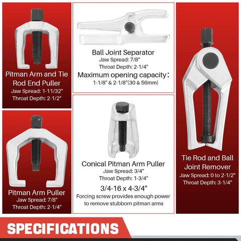 5 In 1 Front End Service Tool Kit With Ball Joint Separator Pitman Arm Puller Tie Rod End Remover And More, tool specifications display