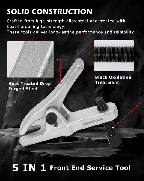 5pcs Professional Front End Service Tool Kit showing a Pitman Arm Puller with alloy steel and black oxidation treatment.