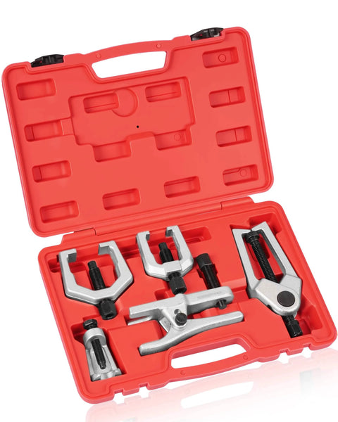 5pcs Professional Front End Service Tool Kit, Pitman Arm Puller, Ball Joint Separator Tie Rod Remover Tool in red case