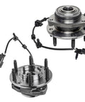 Front Wheel Hub Bearings Assembly With CV Axle Nuts For Chevy Trailblazer SSR GMC Envoy Buick Rainier Isuzu Ascender Saab 9 7x Bravada Trailblazer EXT 6 Lug Models With ABS Replacement Wheel Hub Unit, showing two 6-lug hubs with ABS wiring.