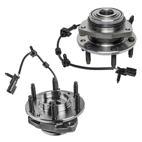 Front Wheel Hub Bearings Assembly With CV Axle Nuts For Chevy Trailblazer SSR GMC Envoy Buick Rainier Isuzu Ascender Saab 9 7x Bravada Trailblazer EXT 6 Lug Models With ABS Replacement Wheel Hub Unit, showing two 6-lug hubs with ABS wiring.