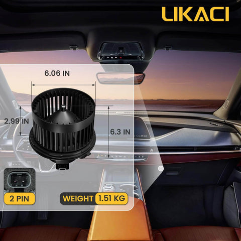 Front HVAC Blower Motor 700089 For Chevrolet Tahoe 2000 2006 Silverado Avalanche Suburban GMC Sierra Yukon Cadillac Escalade Replacement Fan Fits Front Cabin Climate Control Likaci in car interior with dimensions shown