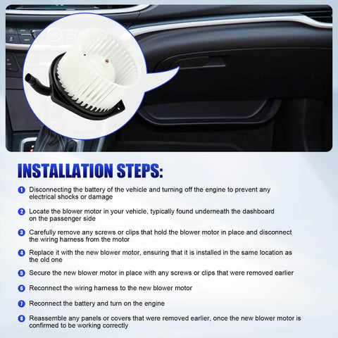 Front HVAC Blower Motor With Fan For Mitsubishi Lancer Outlander And Outlander Sport Drop In Ready Direct Fit 2008 2018 Replacement 700239 LCWRGS installation guide with vehicle dashboard background.