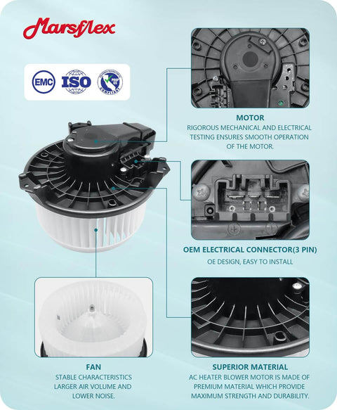 Diagram of Front HVAC Blower Motor Replacement For Toyota And Lexus By Marsflex with parts labeled: motor, fan, connector