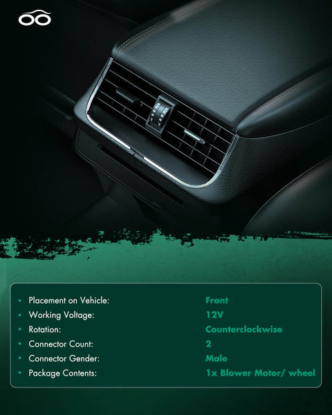 Front view of HVAC blower motor vent in Ford SUV interior with specifications for blower motor replacement and fitment details.