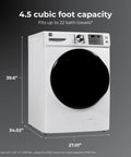 Side view of the Efficient 4.5 cu ft front-load washer with steam stain removal and Accela Wash, white finish, shown with dimensions