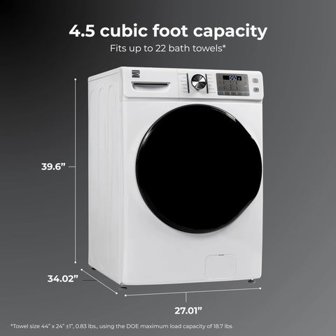 Side view of the Efficient 4.5 cu ft front-load washer with steam stain removal and Accela Wash, white finish, shown with dimensions