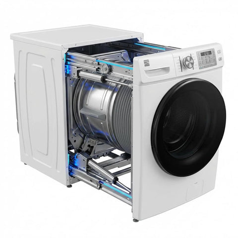 Side view of a front-load washer mechanism showcasing drum and internal components