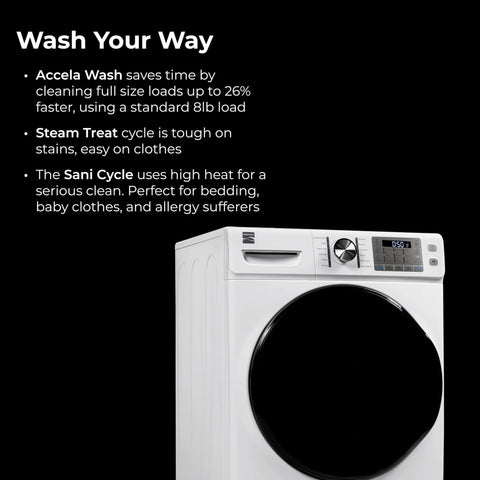Efficient 4.5 cu ft front-load washer with steam stain removal and Accela Wash to cut laundry time, delivering powerful cleaning and gentler care, ENERGY STAR certified. Side view.
