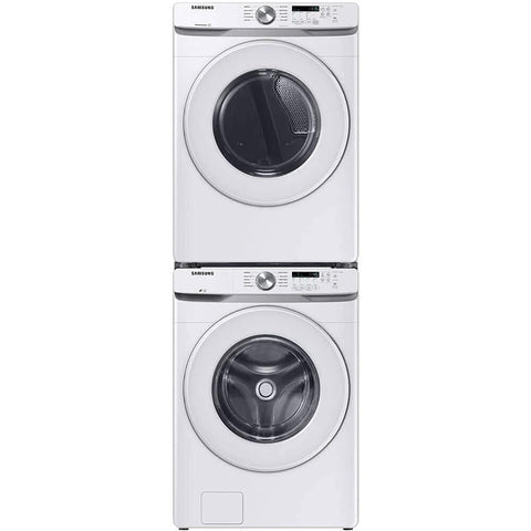 Stacked efficient 4.5 cu ft front-load washer with Vibration Reduction Technology, ENERGY STAR certified, shown installed.