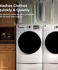 Efficient 4.5 cu ft front-load washer with steam stain removal next to matching dryer in laundry room.