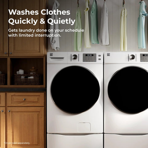 Efficient 4.5 cu ft front-load washer with steam stain removal next to matching dryer in laundry room.