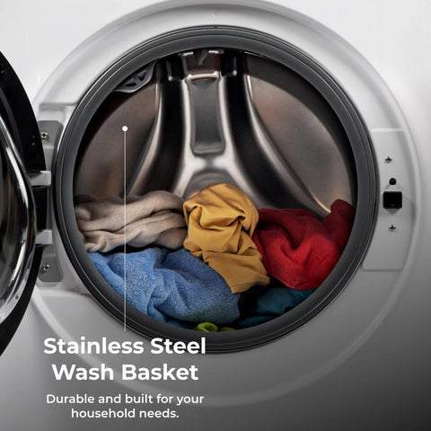 Efficient 4.5 cu ft front-load washer with steam stain removal and Accela Wash, open door showing stainless steel drum with colorful clothes