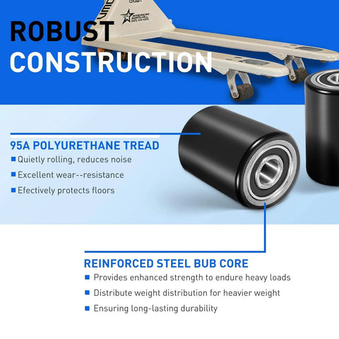 Front Load Wheel Replacement Kit For Crown PTH50 Pallet Jack With Axles Bearings And Hardware Includes 2 Black 2.75 X 3.75 Inch Front Load Rollers Entry And Exit Rollers Polyurethane Tread 95A Black 20mm shown with text highlights on robust construction, 95A polyurethane tread, and reinforced steel bushing core.