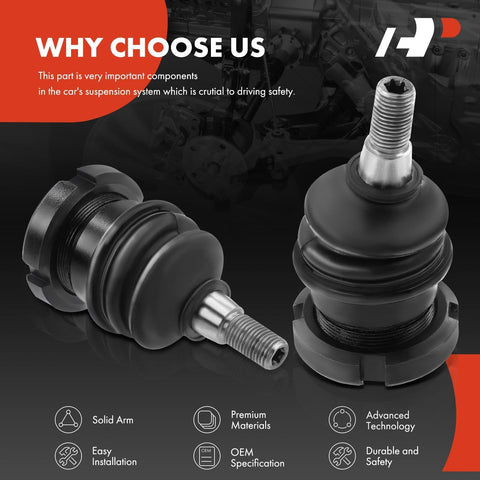 Two Front Lower Ball Joints Kit For Mercedes M Class ML320 ML350 ML430 ML500 ML55 AMG 1998 To 2007 Replacement Suspension Upgrade For Smoother Steering And Tight Responsive Handling, showing two black metal ball joints against graphic background.