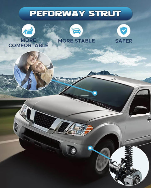 Car driving on mountain road with a focus on Peformance struts showing enhanced comfort, stability, and safety features.