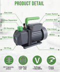 Labeled diagram of Heavy Duty Four Point Five CFM HVAC Vacuum Pump With One Third Horsepower Motor, showing parts and specifications.
