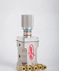 9100-Stainless Steel JET-SET Piston Pump 5cc max output, side view, stainless steel, modular design with brass connectors