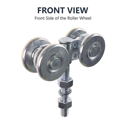 Front view of Two Pack Track Roller Wheels Set For Beam Trolley System With Box Rail Strut Channel For Heavy Barn Or Shed Sliding Doors Includes Two Trolleys With Four Steel Ball Bearing Rollers Solid Steel Construction 440 Pound Load Rating Removable Bolt