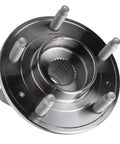 Front view of Detroit Axle front wheel bearing hub with 5-lug studs
