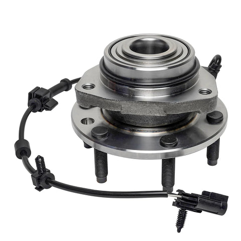 Close-up of Two Front Wheel Bearing Hubs Replacement Kit For 2002-2009 Chevrolet Trailblazer EXT, GMC Envoy, with ABS sensor cable