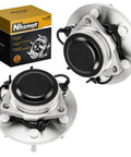 Front Wheel Bearing Hub Pair For RWD Chevy Silverado 1500 Sierra 1500 Tahoe Suburban 1500 Yukon Escalade Avalanche 1500 Express Savana 1500 2500 Six-Lug ABS Compatible Two-Piece, showcasing front and side views with packaging.